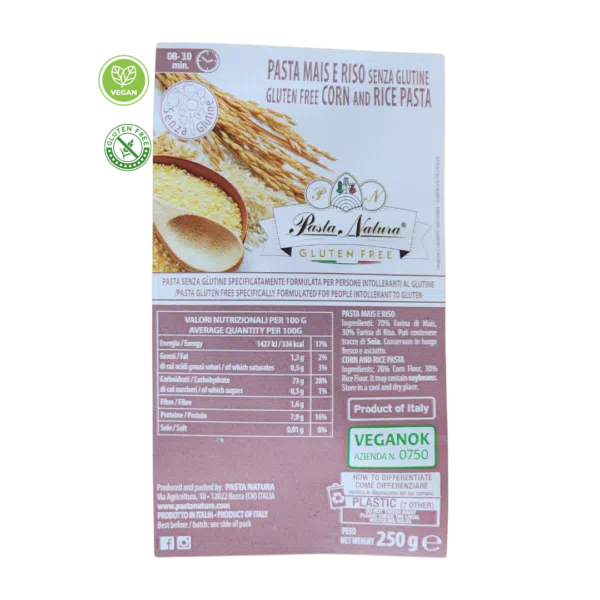 Tagliatelle Italian Pasta made of Corn and Rice Gluten Free Vegan 250 Grams